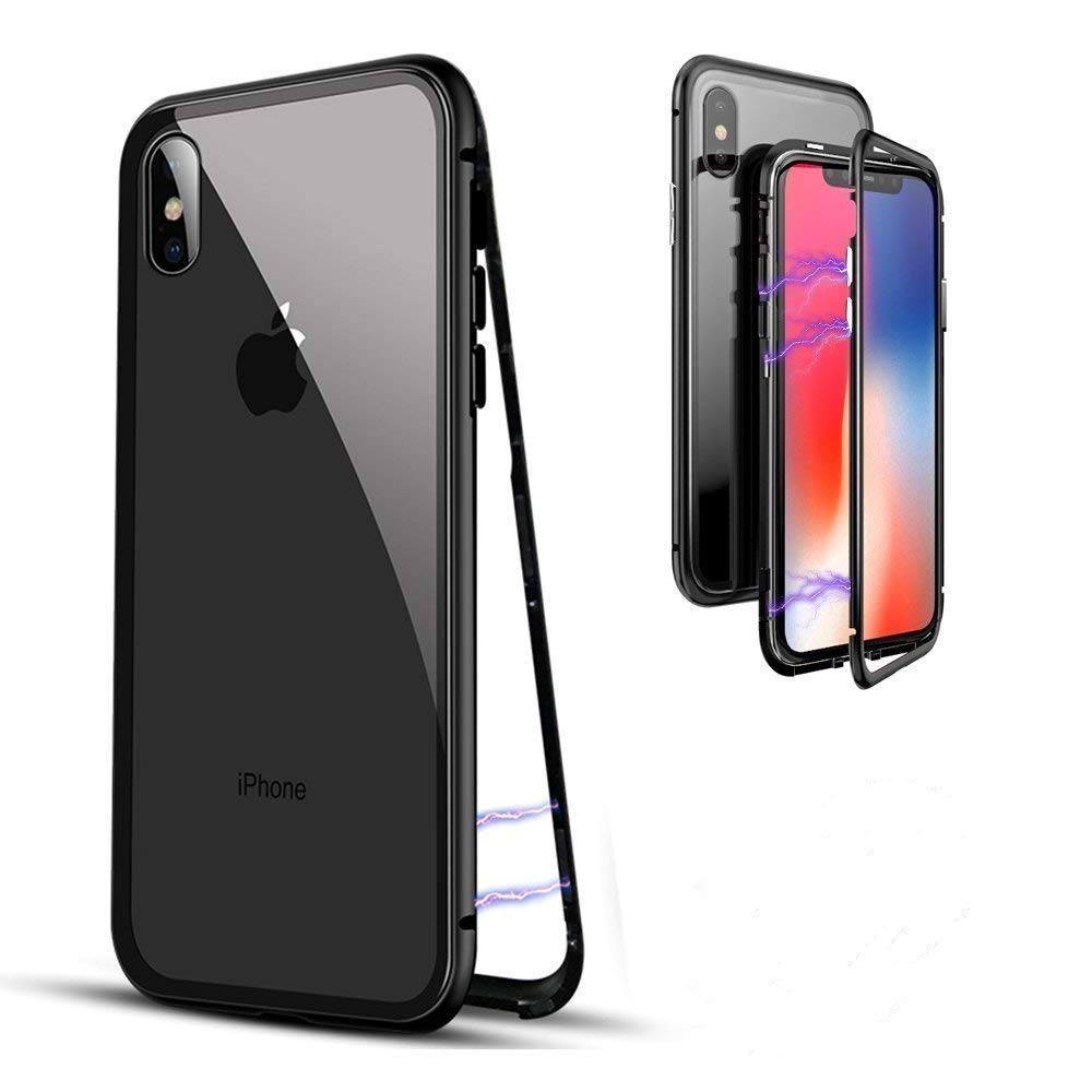 Custodia iPhone X, Custodia Ultra-sottile leggera, Custodia a conchiglia magnetica, Cornice in metallo, Parte posteriore in vetro temperato trasparente (Senza fronte) per iPhone X
