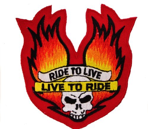 RIDE to LIVE to RIDE FLAMING SKULL 3 1/2 inch Iron or Sew on BIKER Patch