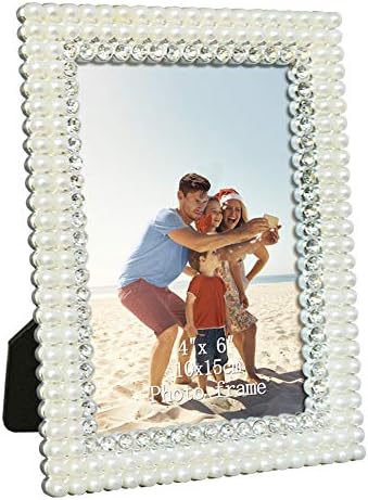 Amazing Roo 4x6 Picture Frame Tabletop Photo Frame for Family Lined White Pearl and Silver Rhinestones Vertical