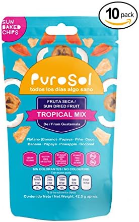 Tropical Mix Sun Dried Fruit Snacks | PuroSol Dried Fruit Tropical Mix (Pack of 10) | No Sugar Added, Tropical Fruit Snacks, Gluten Free, Vegan | 1.5oz Healthy Snack Bags