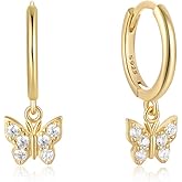 Women's Earrings, 18K Gold Character, Butterfly Pendant, Hoop Earrings, Swaying, 925 Silver, Hypoallergenic, Zirconia Earrings, Green, Birthday Gift, Accessories