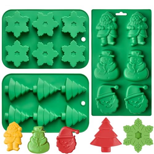 JOERSH Christamas Chocolate Silicone Molds, 3PCS Christmas Tree Snowflake Snowman Santa Claus Shaped Cake Mold Non Stick Baking Pan for Cake, Candy, Jello, Soap, Candle