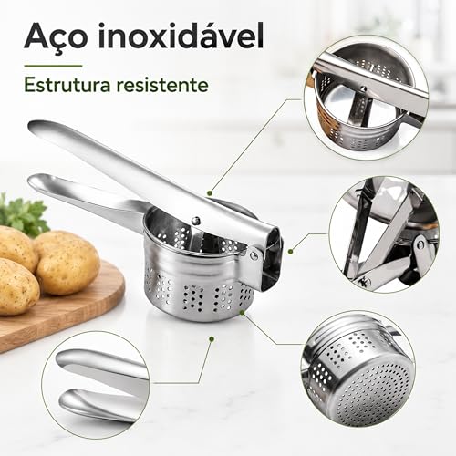 Espremedor de Batata Inox Manual Profissional – Amassador de Batatas e Legumes, Ideal para Purê, Nhoque e Cozinha - Utensílio de Cozinha em Aço Inoxidável