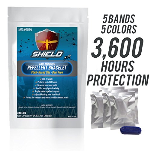 SHIELD Natural Anti Mosquito Insect & Bug Repellent Bracelet Band DEET Free Safe for Kids & Adults Travel Size Repellent Outdoor Mosquito Control a Must Have Camping Hiking Fishing Accessories - 5 PK