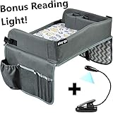 [2019 New] Premium Kids Travel Tray Bonus Reading Light Clip | Car Seat Activity Tray | Waterproof, Food & Snack Tray | Smartphone/Tablet/Cup Holder | Back Seat Organizer | Padded/Portable