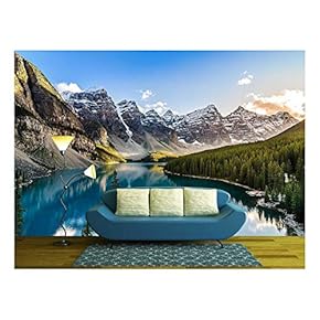 Landscape View of Moraine Lake and Mountain Range at Sunset in Canadian Rocky Mountains - Removable Wall Mural | Self-Adhesive Large Wallpaper - 66x96 inches