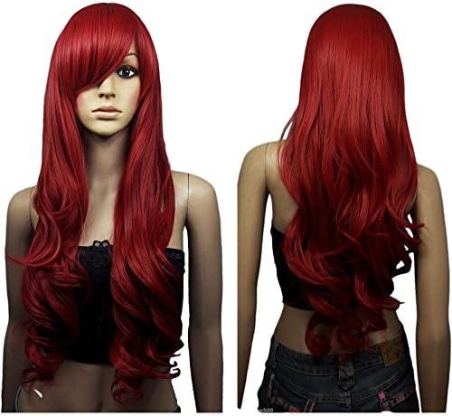 80cm Dark Wine Red Long Big Wave Mix Full Volume Curly Wavy Wig W/ Long Bang Women’s Girl Hot Full Hair Wigs Cosplay Costume Party Anime Wigs