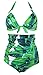 COCOSHIP Bottle Green Banana Leaf & White Print Halter High Waisted Two Piece Bikini Gorgeously Dressed Vintage Bathing Suit XXXXL(FBA)