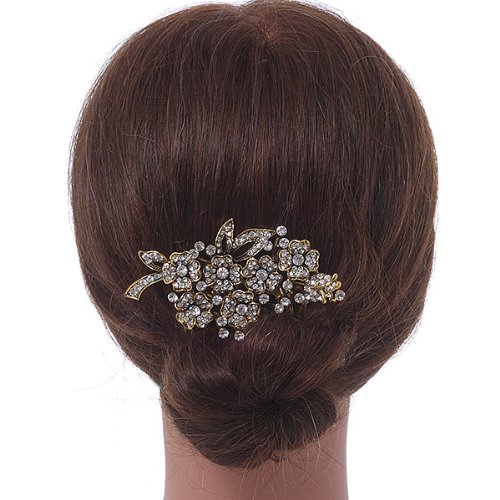 Vintage Inspired Clear Austrian Crystal 'Flowers' Side Hair Comb In Antique Gold Tone - 95mm