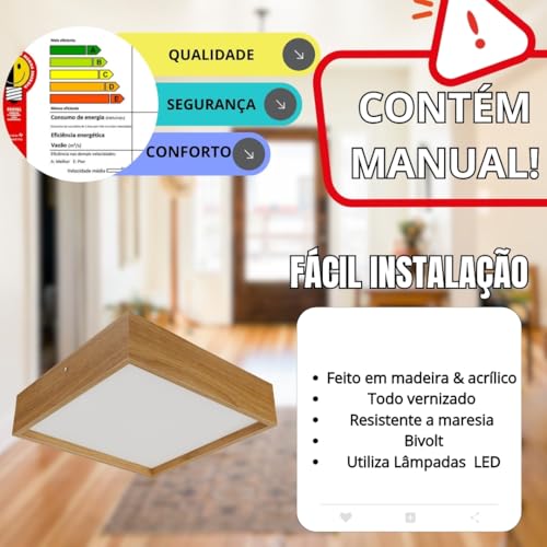 Luminária de Madeira Plafon Teto Quadrado Sobrepor 30cm Freijó Acrílico Branco Leitoso para Sala Quarto Cozinha