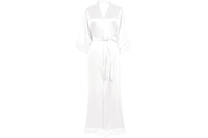 BABEYOND Satin Kimono Robe Long Bridesmaid Wedding Party Bath Robe with Lace Trim