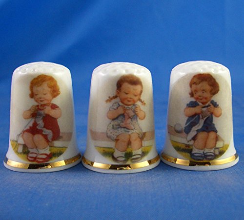 Porcelain China Collectable Thimbles - Set of Three Girls Knitting on a Bench