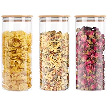 Lawei 3 pack Glass Storage Jars with Sealed Bamboo Lids - 51 oz Clear Glass Bulk Food Storage Canister for Serving Tea, Coffee, Spice, Candy, Cookie
