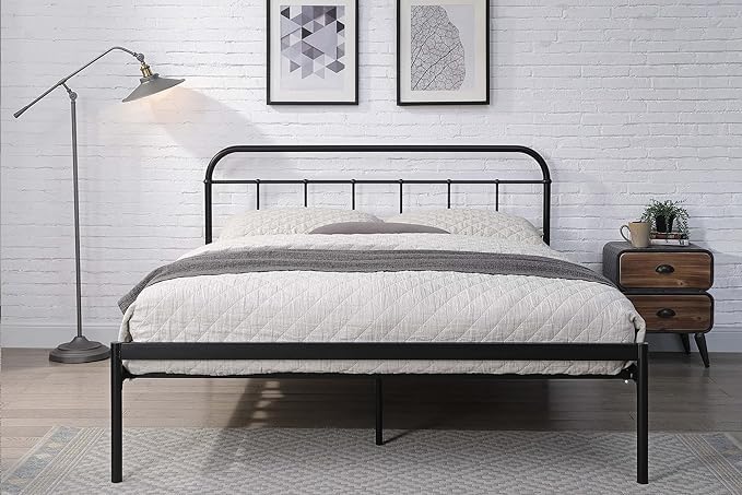 SKY-TOUCH Classic Metal Platform Single Bed Frame - Iron Art Headboard & Footboard, Under Bed Storage, Heavy Duty Iron Metal Platform Bed Frame, Black - 1.5m x 1.9m