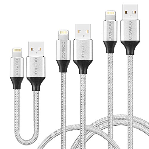 aceyoon Nylon Braided Lightning Cable [3 Pack] 0.8ft + 1.6ft + 4ft Data Sync & 2.4A Fast Charging USB2.0 to 8Pin Cord for iPhone / iPad / iPod with 0.25cm / 0.6cm / 12cm 3-Type Different Length