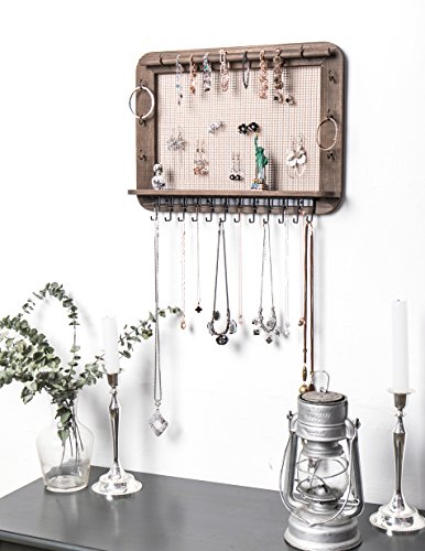 JackCubeDesign Wall Mounted Wood Jewelry Organizer Designer made Cosmetics Storage Shelf w/Necklace Shelf Earrings Holder Tray with 23 Hooks for Necklace Bracelet – :MK399A
