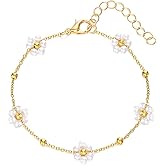 Dainty 14K Gold Flower Bracelet Trendy Adjustable Pearl Daisy Beaded Chain Bracelets Fashionable Birthday Jewelry Accessory Presents for Women Wife