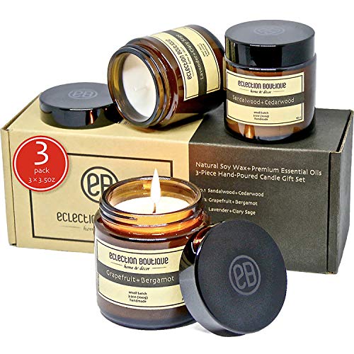 Scented Candles Gift Set for Men, Natural Soy Wax + Premium Essential Oils, Portable Rustic Apothecary Amber Jar, Hand-Poured Fragrances Candles for Aromatherapy, Stress Relief, Home Decor (Pack of 3)