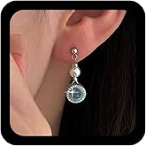 Erimberate Bohemian Sapphire Pearl Dangle Earrings Blue Topaz Drop Earrings Round Pearl Crystal Stud Earrings Blue Gemstone Pearl Earrings Jewelry for Women