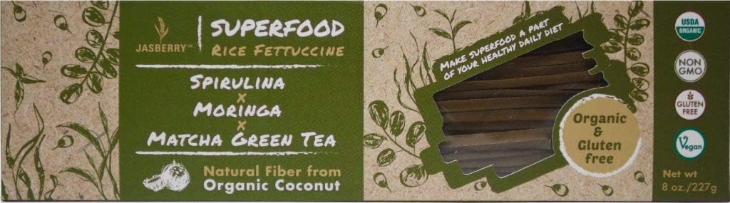 Jasberry Pasta Organic Superfood Gluten-Free Fettuccine with Spirulina, Moringa, and Matcha Green Tea 8 Ounces (Pack of 1)