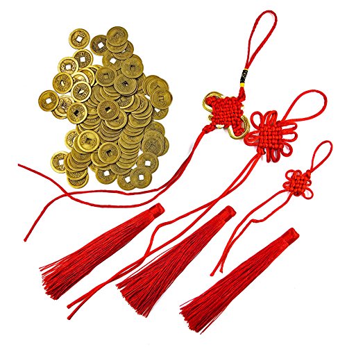 DMIDEA 106 Pieces Chinese Fortune Coins Feng Shui I-Ching Good Luck Ancient Dynasty Time Coin Health and Wealth with Chinese Knot Tassel (101)