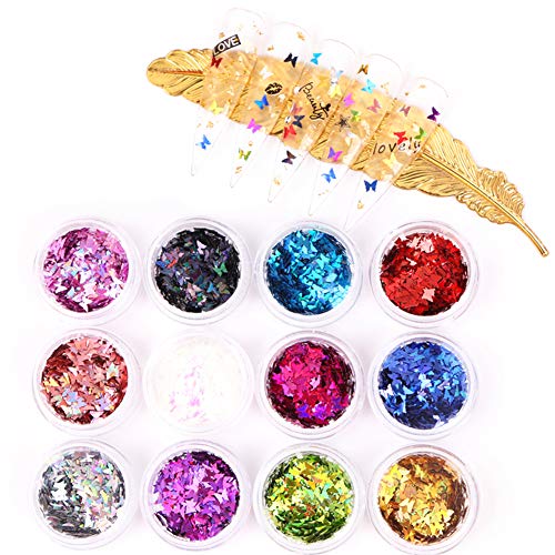 12 Colors Butterfly Shape Nail Flakes Holographic 3D Paillettes Butterfly Glitter Sequins Nail Art Decoration DIY Separate Box