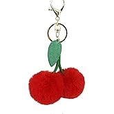Red Cute Cherry Faux Fur Pom Pom Soft Fluffy Golden Ball Key Chain Cherry Keychain Car Keying Bag Wallet Pendant Ornament Accessories Interior Accessories