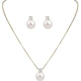 Watforsh 14K Gold Plated Pearl Necklace and Earring Set for Women Jewelry Set with Pearl Pendant Necklace and Studs Earrings for Wedding and Bridesmaid