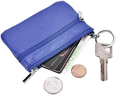 DEEZOMO RFID Blocking Genuine Leather Zipper Change Purse Coin Wallet with Key Ring - Blue