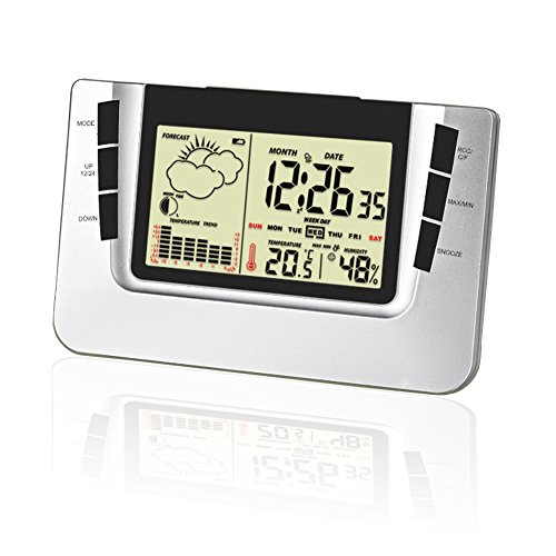 Digital Weather Station Tide Clock with Large Night Lighting LCD Screen, Temperature and Humidity Forecast, Alarm Clock, Silver