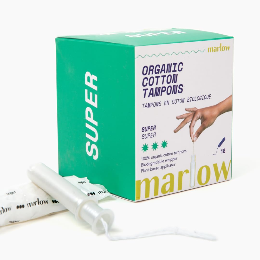 Marlow 100% Organic Cotton Easy Glide Tampons with Compact Plant Based BPA Free Applicator, Chlorine Free, Toxin Free, Hypoallergenic, Dermatologically Tested, Fragrance Free, Super, 18 Count