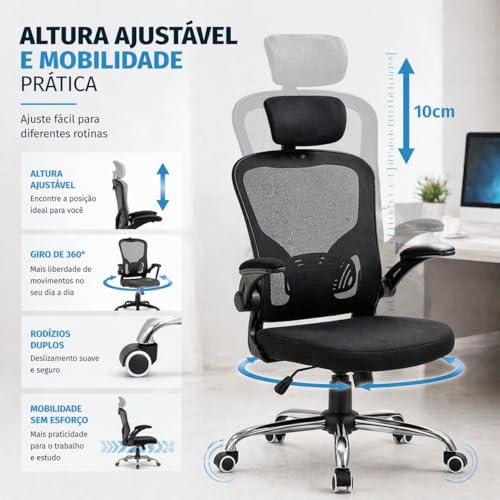 Cadeira Ergonômica para Escritório com Apoio de Cabeça, Cadeira Presidente Giratória Ajustável, Encosto em Tela Mesh Respirável, Conforto para Home Office