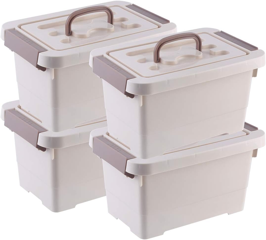 Livable Khaki Plastic Storage Box with Brown Handle, 6 Quart Storage Bin with Latch/Lid, 4 Pack