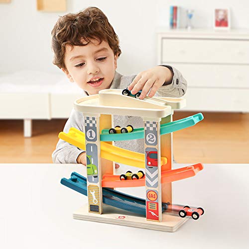 TOP BRIGHT Toddler Toys Race Track for 2 Years Old Boy Gifts - Baby Car Toy Car Ramp Vehicle Playsets with 4 Wooden Cars & Garage