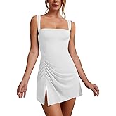WISFRUIT Women's Sexy Square Neck Mini Dress Sleeveless Bodycon Ruched Split Party Club Short Tank Dresses
