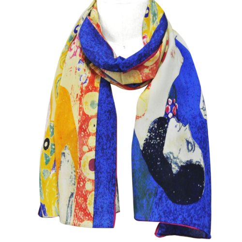 Wrapables Luxurious 100% Charmeuse Silk Long Scarf with Hand Rolled Edges, Gustav Klimt's Hope II