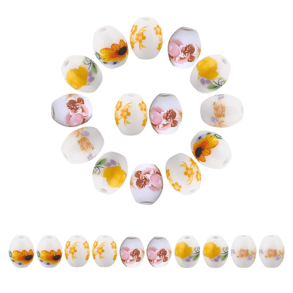 arricraft 50 Pcs Barrel Porcelain Flower Beads, 8mm 5 Patterns Flower Colorful Ceramic Chinese Porcelain Large Hole Beads Threading for Jewelry Making DIY Crafts