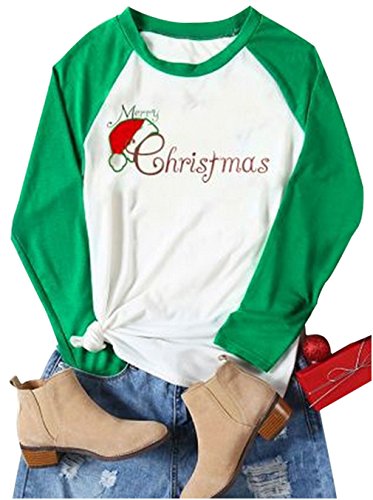 Women Merry Christmas letters Print Baseball Tees Funny Santa Hat Raglan Sleeve T-shirt (Green, US S/Tag M)