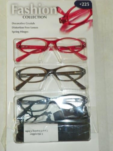 Woman's Crystal High Fashion Reading Glasses +2.25 Package of 3 Pair Plus Microfiber Case/cleaning Cloth by Fashion Collection