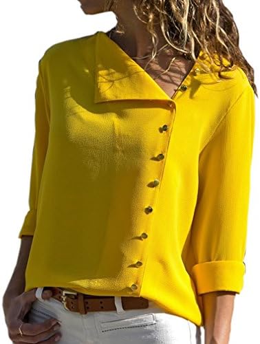 Jeazi Womens Long Sleeve Button Detail Loose Fitting Chiffon Casual Blouse Solid Tops