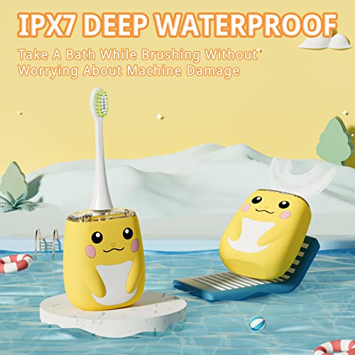 ELOTAME U Shaped Toothbrush Kids with 4 Brush Heads, Cartoon Sonic Automatic Toothbrush with 6 Cleaning Modes, 360-Degree Cleaning, IPX7 Waterproof, 45s Timer (8-15 Age Yellow)