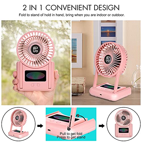 Handheld Small Fan, 4000mAh 5-23 Working Hours, USB Rechargeable Quiet 3 Speeds Mode Night Light Battery Protection, Folding and Portable Table Personal Fan for Travel Office Indoor Ourdoor (Pink)