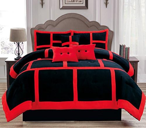 Empire Home Luxurious 7 Piece Micro Suede Soft Comforter Set - Bed in a Bag (King Size, Red & Black)