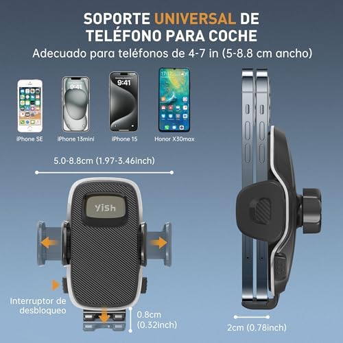 Soporte Movil Coche：360° Suporte Telemóvel Carro, Porta-Movil para Coche [Gancho Mejorado y Silicona] Sujeción para iPhone, Samsung, Google, Sony y Más (Negro)