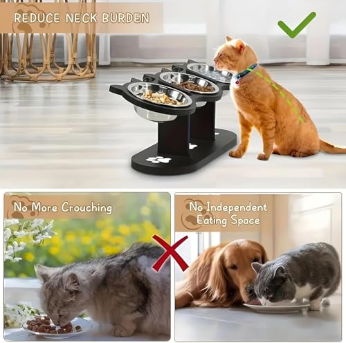 Last page® Raised Feeding Bowl, Cat and Dog Indoor with Black Stand, 3 Stainless Steel Adjustable Height Pet Feeding Set, 15° Tilt Raised Dog Bowl Stand (Black)