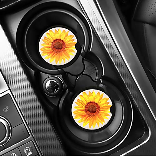2.56" Sunflower Car Coasters 2 Pack,Absorbent Ceramic Coasters for Car,Auto Coasters for Cup Holder,Car Accessories Absorb Spills From Your Cup and Keep Cup Holders Clean and Dry. (Yellow Sunflower)