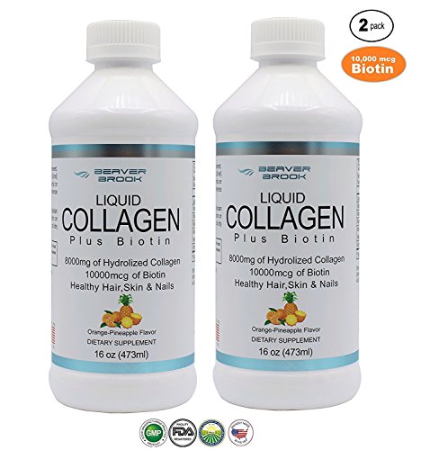 Beaver Brook Liquid Collagen 8,000mg + 10,000 mcg Biotin Pineapple-Orange Flavor - 16oz - 2 Pack
