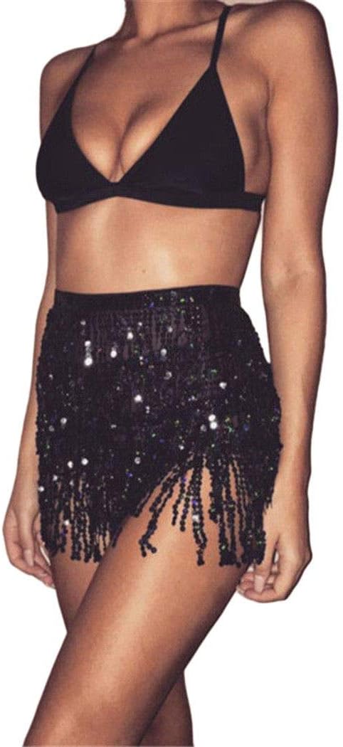 Women's Summer Beach Wrap Sequins Tassel Mini Skirts Music Festival Hip Scarf Belt Skirt