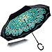 Amersin Double Layer Inverted Umbrella Cars Reverse Open Folding Umbrellas, Windproof UV Protection Large Self Stand Upside Down Straight Umbrella Golf Women Men C-Shaped (pecock)