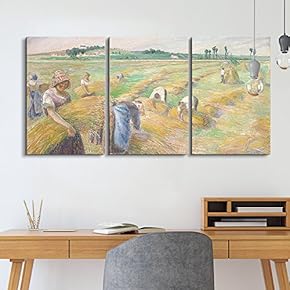 3 Panel World Famous Painting Reproduction on Canvas Wall Art - The Harvest by Camille Pissarro - Modern Home Art Ready to Hang - 16"x24" x 3 Panels